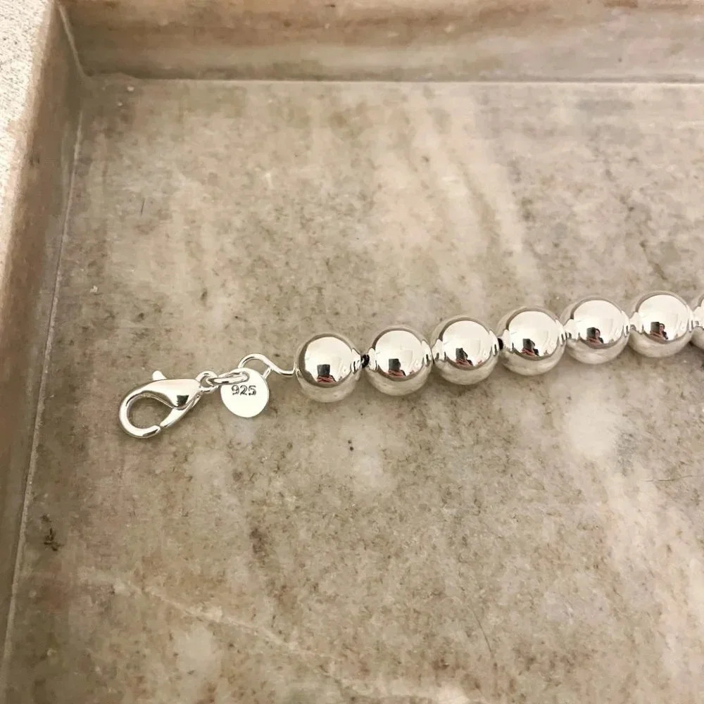 925 Sterling Silver Bead Bracelet 10 MM Ball Bracelet Large Round Bracelet - Picture 5 of 6